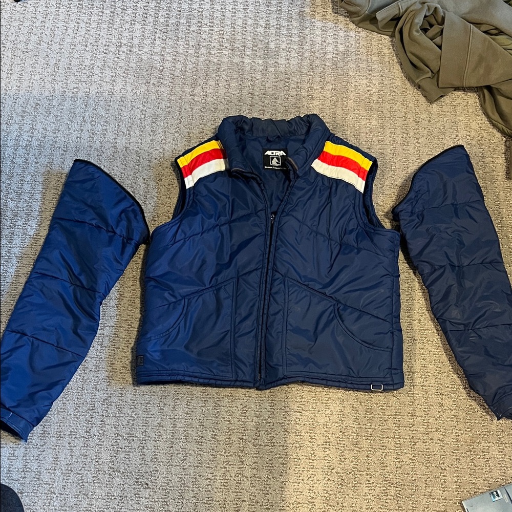 Vintage Altra Navy Jacket converts to Vest with Red and Yellow Stripes